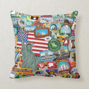 Coussin Les Etats-Unis voyagent motif d'autocollant