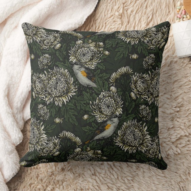 Coussin Les redémarrages dans les chrysanthèmes en vert et (Couverture)