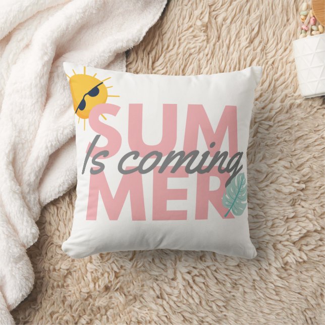Coussin L'été arrive la typographie rose et grise (Couverture)