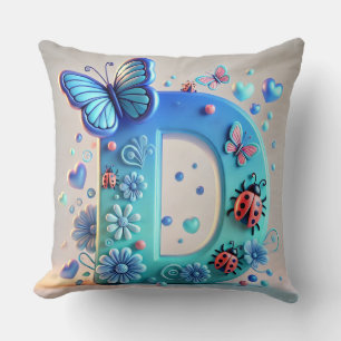 Coussin Lettre 3D D lumineuse avec papillons, coccinelles