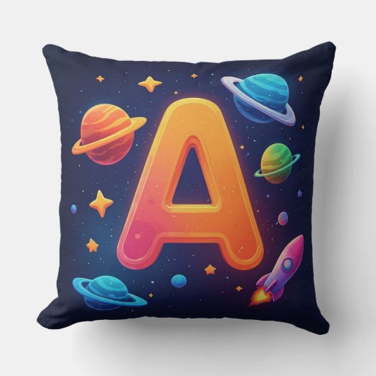 Coussin 🌌 Lettre A de l'espace fusée étoiles planètes enf (Recto)