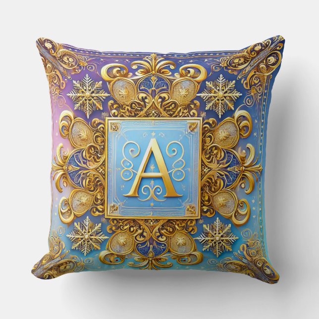 Coussin Lettre A dorée baroque Élégance de monogramme bleu (Recto)