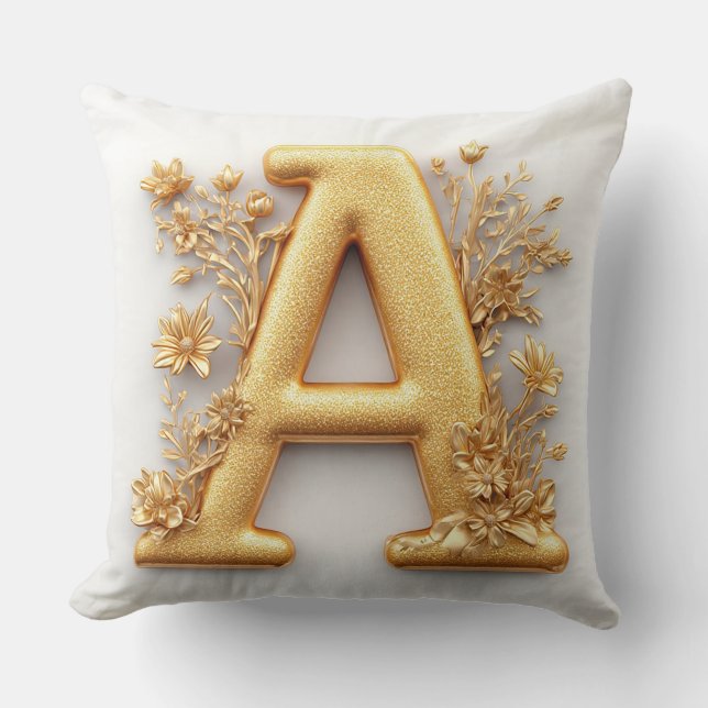Coussin Lettre A dorée élégante avec des fleurs délicates (Recto)