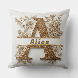Coussin Lettre A dorée élégante avec des fleurs délicates