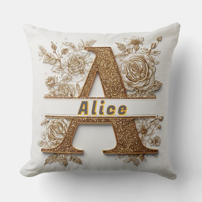 Coussin Lettre A dorée élégante avec des fleurs délicates (Recto)