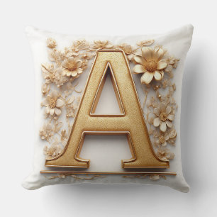 Coussin Lettre A dorée élégante avec des fleurs délicates