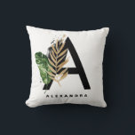 Coussin Lettre A Monogram Gold Foil Feuilles tropicaux<br><div class="desc">Lettre personnalisable Un coussin monogramme avec feuilles tropicaux aquarelles avec fausse feuille d'or et accents de brosse aquarelle. Personnalisez ce coussin monogramme en ajoutant votre nom ou d'autres détails. Cette lettre Un coussin monogrammé sera parfait comme cadeau. D'autres lettres sont disponibles.</div>