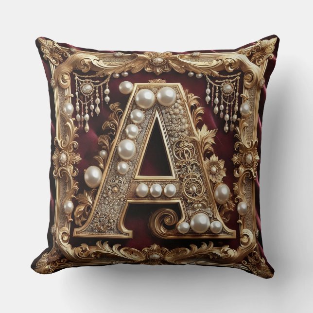 Coussin Lettre A Ornée Dorée Élégante Décorée De Perles (Recto)