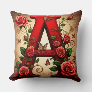 Coussin Lettre A rouge élégante par Roses et Papillon