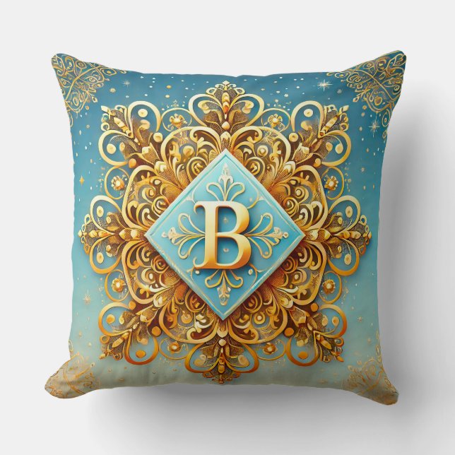 Coussin Lettre B dorée baroque style monogramme bleu ✨ (Recto)