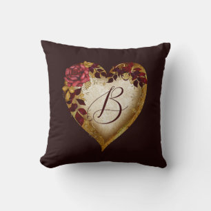 Coussin Lettre B Rouge Vintage rose et Coeur feuille d'or