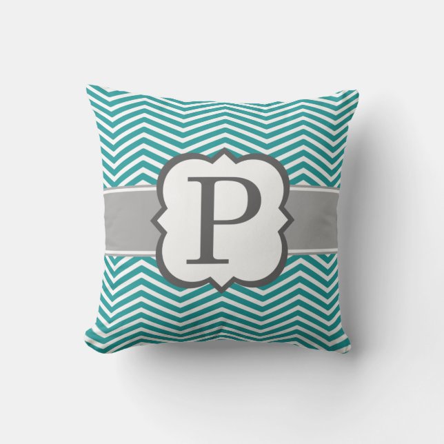 Coussin Lettre blanche turquoise P Chevron de monogramme (Recto)