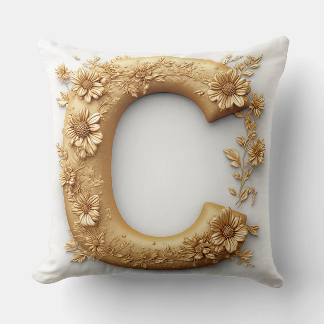 Coussin Lettre C dorée élégante avec des fleurs délicates (Recto)