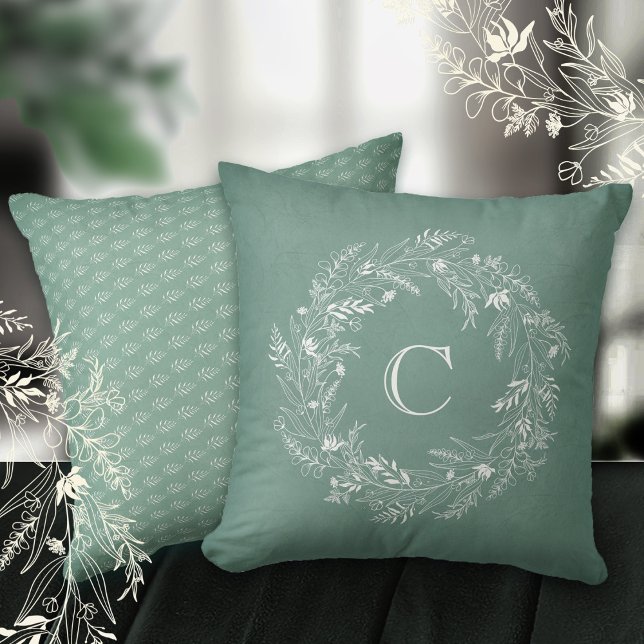 Coussin Lettre C en cercle de feuilles vertes délicates (Créateur téléchargé)