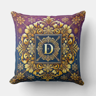 Coussin Lettre D dorée baroque Monogramme bleu Élégance ✨