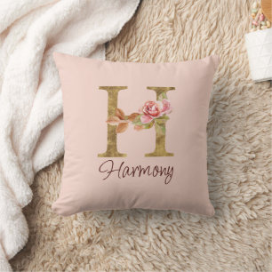 Coussin Lettre de nom personnalisée H Roses roses blush en