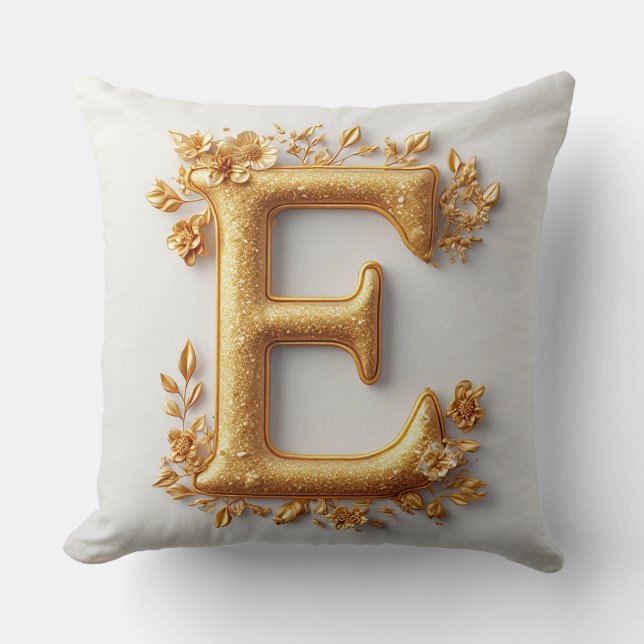 Coussin Lettre E dorée élégante avec des fleurs délicates (Recto)