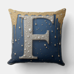 Coussin Lettre F monogramme or marine peinture qui goutte