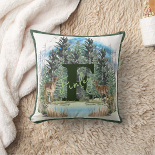 Coussin Lettre F Monogramme Personnalisé Cerf Aquarelle