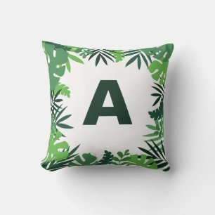 Coussin Lettre feuille à fleurs de palmier vert monogramme