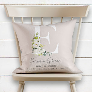 Coussin LETTRE Florale BLANCHE E MONogramme Bébé Statistiq