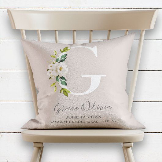 Coussin LETTRE Florale BLANCHE G MONogramme Bébé Statistiq