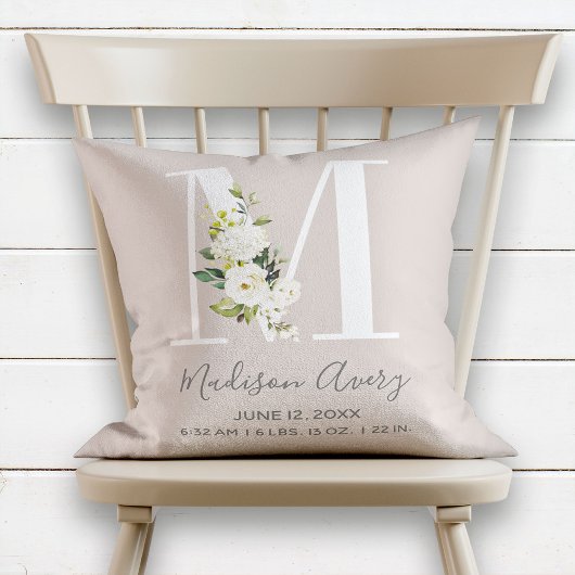 Coussin LETTRE Florale BLANCHE M Monogramme Bébé Statistiq