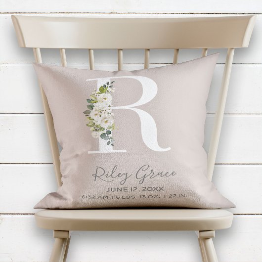 Coussin LETTRE Florale BLANCHE R MONogramme Bébé Statistiq
