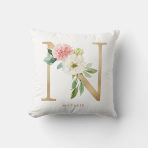 Coussin LETTRE Florale Faux Gold Foil N MONogramme