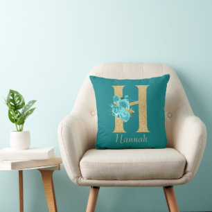 Coussin LETTRE Florale H Or & Aqua