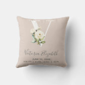 Coussin LETTRE Florale rose pâle V Script bébé Statistique (Verso)