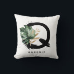 Coussin Lettre H Monogramme Palm Feuille Tropical Thaillot<br><div class="desc">Lettre Q monogramme personnalisable coussin avec aquarelle feuille de monstère tropicale, fausse feuille de feuille d'or et accents de brosse d'aquarelle noire. Personnalisez ce coussin de monogramme tropical en ajoutant votre nom ou d'autres détails. Ce coussin de monogramme Q de lettre boho sera parfait comme cadeau. D'autres lettres sont disponibles....</div>