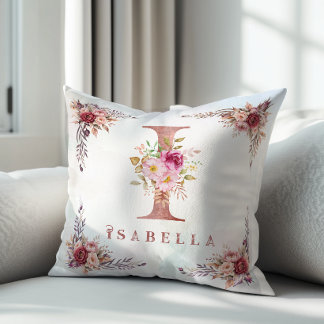 Coussin Lettre I Monogramme Florale en Or Rose Personnalis