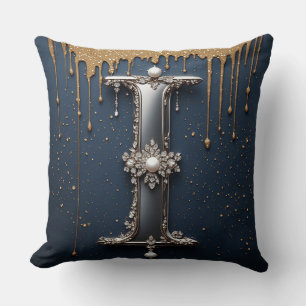 Coussin Lettre I monogramme peinture qui goutte or marine