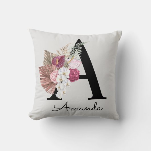 Coussin Lettre initiale A florale rose moderne (Recto)