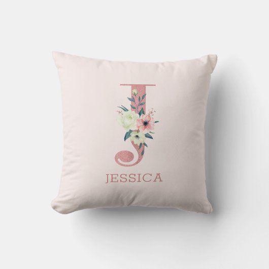 Coussin Lettre J Aquarelle rose Floral Monogram Nursery (Recto)