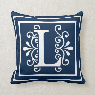 Coussin Lettre L blanc de bleu marine de monogramme