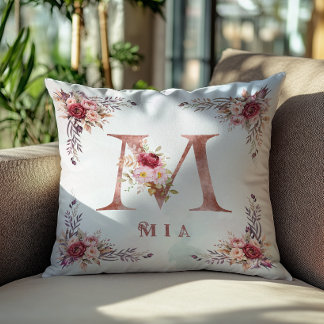 Coussin Lettre M en or rose personnalisée en motif floral