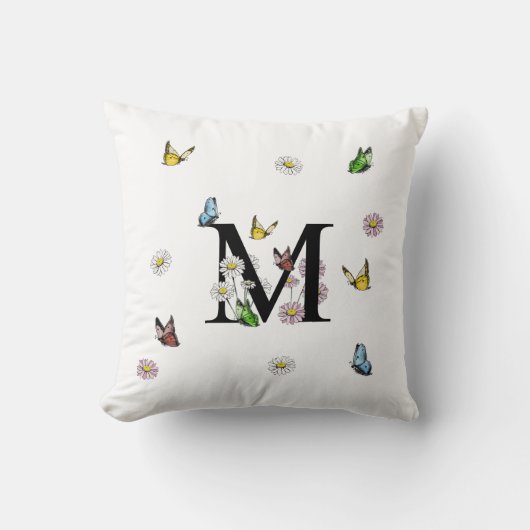 Coussin Lettre M Monogramme Papillon Floral Initiale  (Recto)