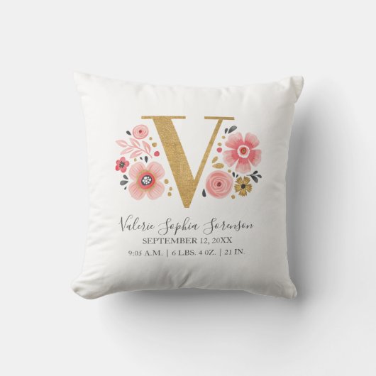 Coussin LETTRE NAISSANCE V MONogramme Floral rose Initial (Recto)