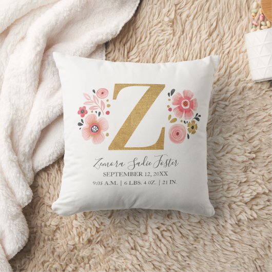 Coussin LETTRE NAISSANCE Z MONogramme Floral rose Initial (Couverture)