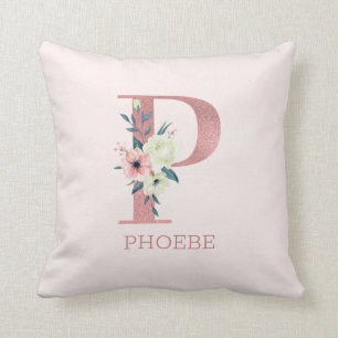 Coussin Lettre P Monogramme Floral Aquarelle Rose Nursery