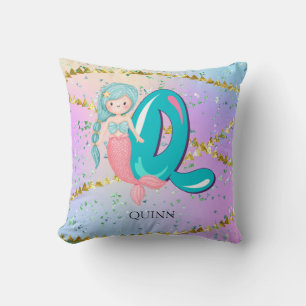 Coussin Lettre Q Monogramme Aquarelle mignonne Sirène