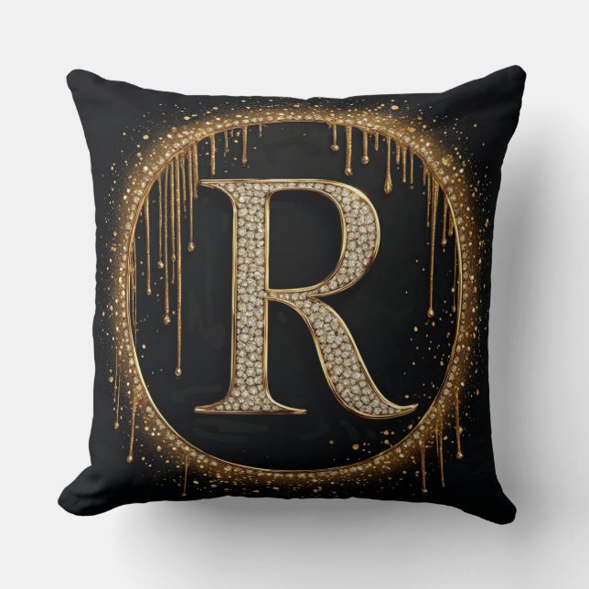 Coussin Lettre R Monogramme Pailletée Noir pour Marque Roy (Recto)