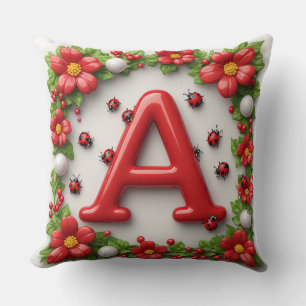 Coussin 🐞 Lettre rouge A avec coquelicots coccinelles
