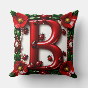Coussin 🐞 Lettre Rouge B Coccinelles Pavots Perles 