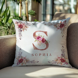 Coussin Lettre S monogramme florale en or rose personnalis