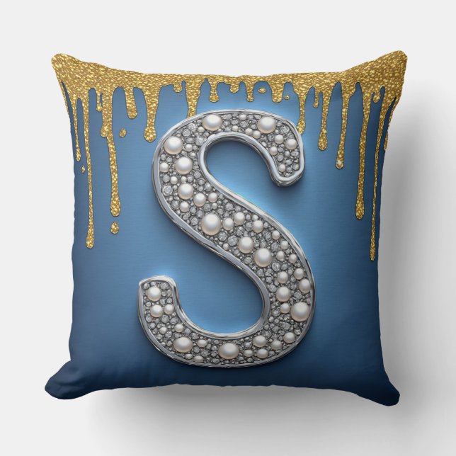 Coussin Lettre S monogramme peinture dorée navale dégoulin (Recto)