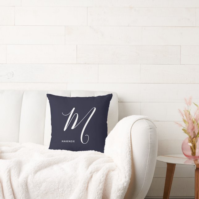 Coussin Lettre Script monogramme simple M Navy Bleu (Canapé)
