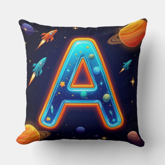 Coussin 🌠 Lettre spatiale A Galaxie Fusées Étoiles Planèt (Recto)